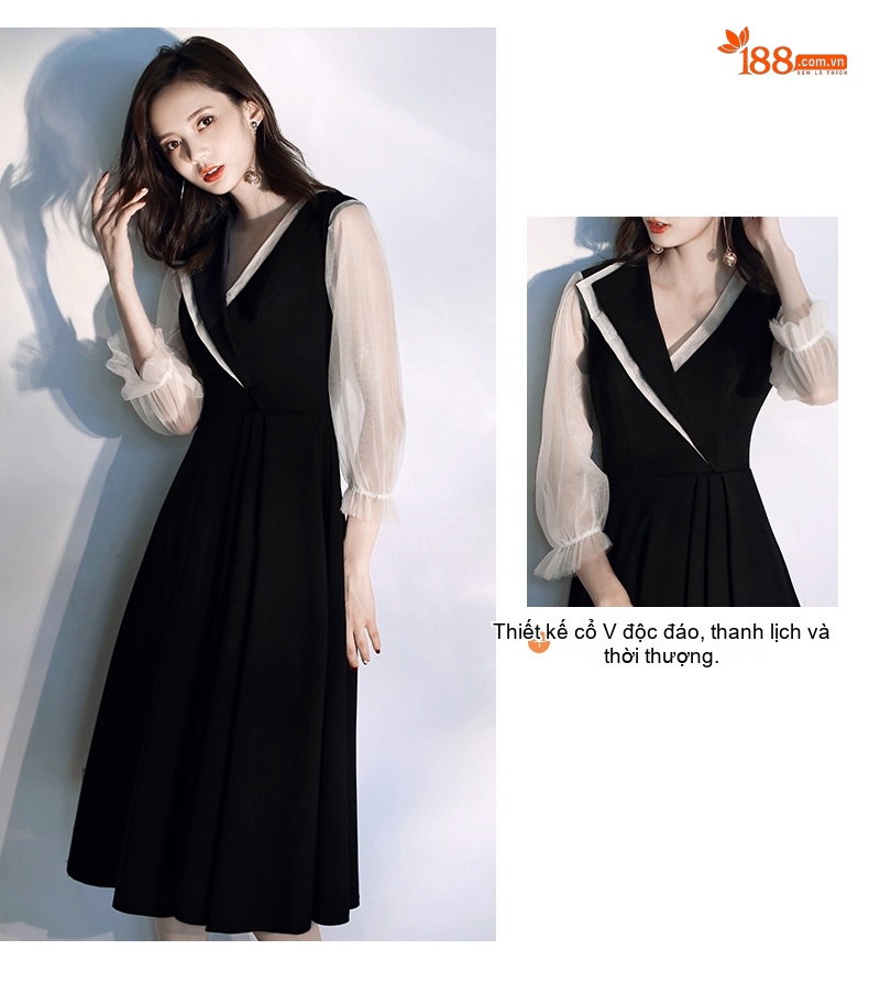Váy Dạ Hội Nữ Tay Lưới dáng chữ A Dự Tiệc Sinh Nhật Trang Trọng Màu Đen chi tiết 8