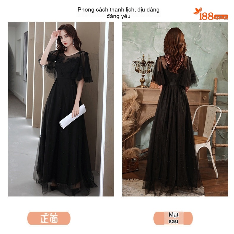 Váy Dạ Hội Nữ Tay Ngắn Lưới Mỏng Che Bụng Dáng Dài Màu Đen chi tiết 2