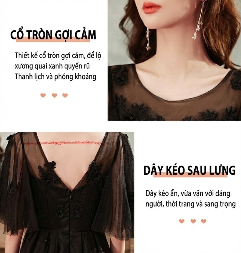 Váy Dạ Hội Nữ Tay Ngắn Lưới Mỏng Che Bụng Dáng Dài Màu Đen chi tiết 4
