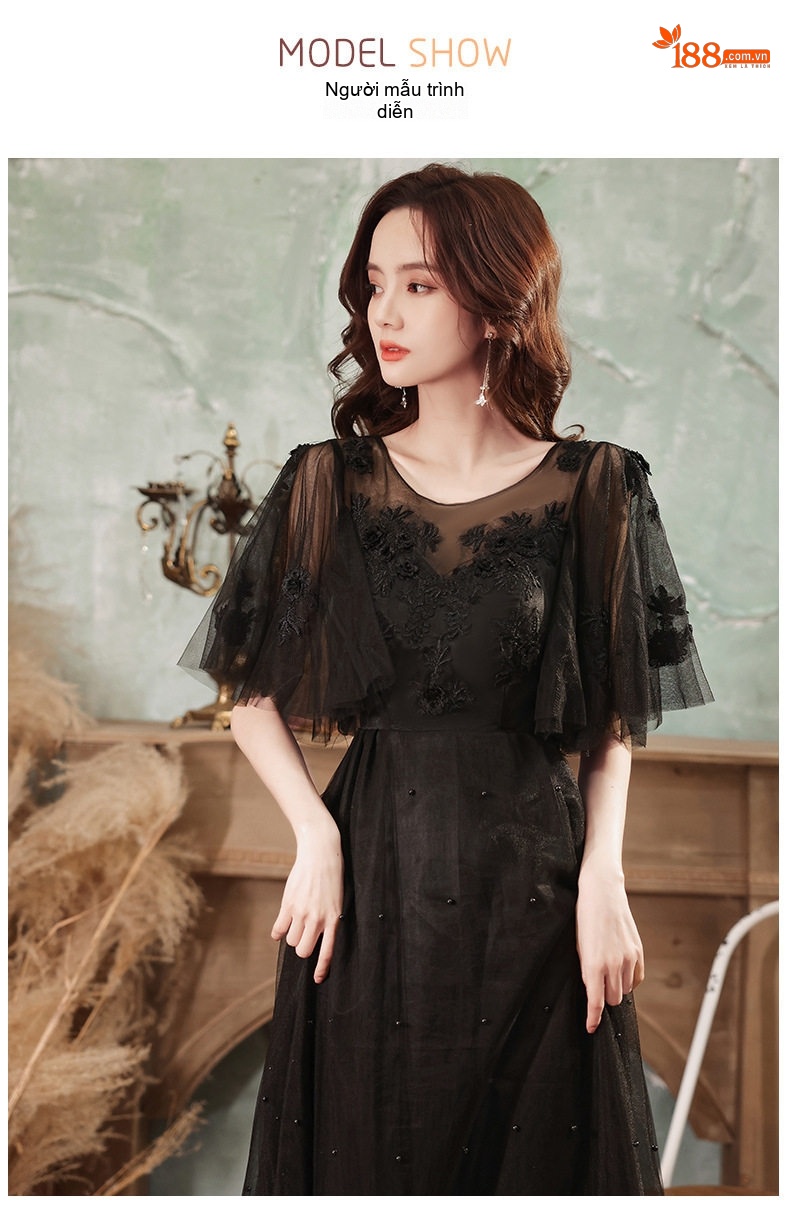 Váy Dạ Hội Nữ Tay Ngắn Lưới Mỏng Che Bụng Dáng Dài Màu Đen chi tiết 6