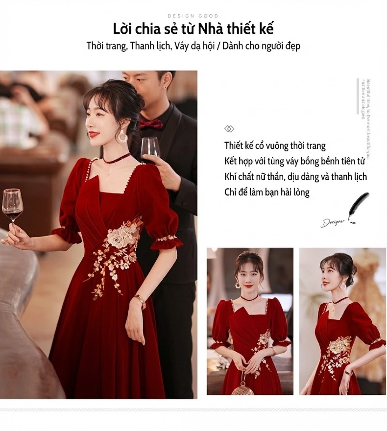Váy Dạ Hội Nữ Trung Niên Tay Lỡ Dáng Dài Màu Đỏ Rượu chi tiết 1