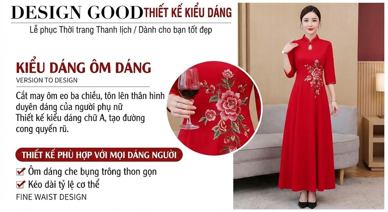 Váy Dạ Hội Nữ Trung Niên Tay Lỡ Dáng Dài Màu Đỏ Rượu chi tiết 4