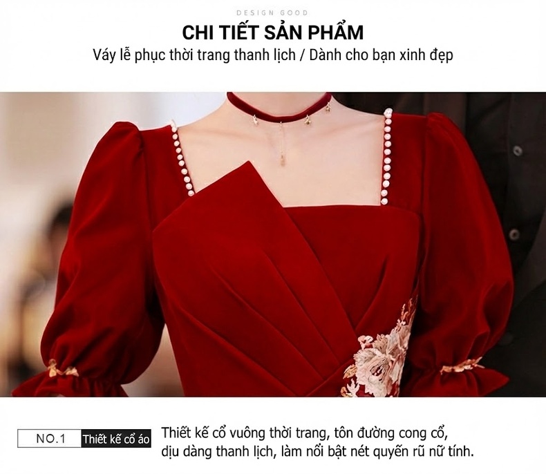 Váy Dạ Hội Nữ Trung Niên Tay Lỡ Dáng Dài Màu Đỏ Rượu chi tiết 14