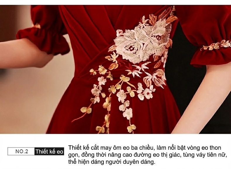 Váy Dạ Hội Nữ Trung Niên Tay Lỡ Dáng Dài Màu Đỏ Rượu chi tiết 15