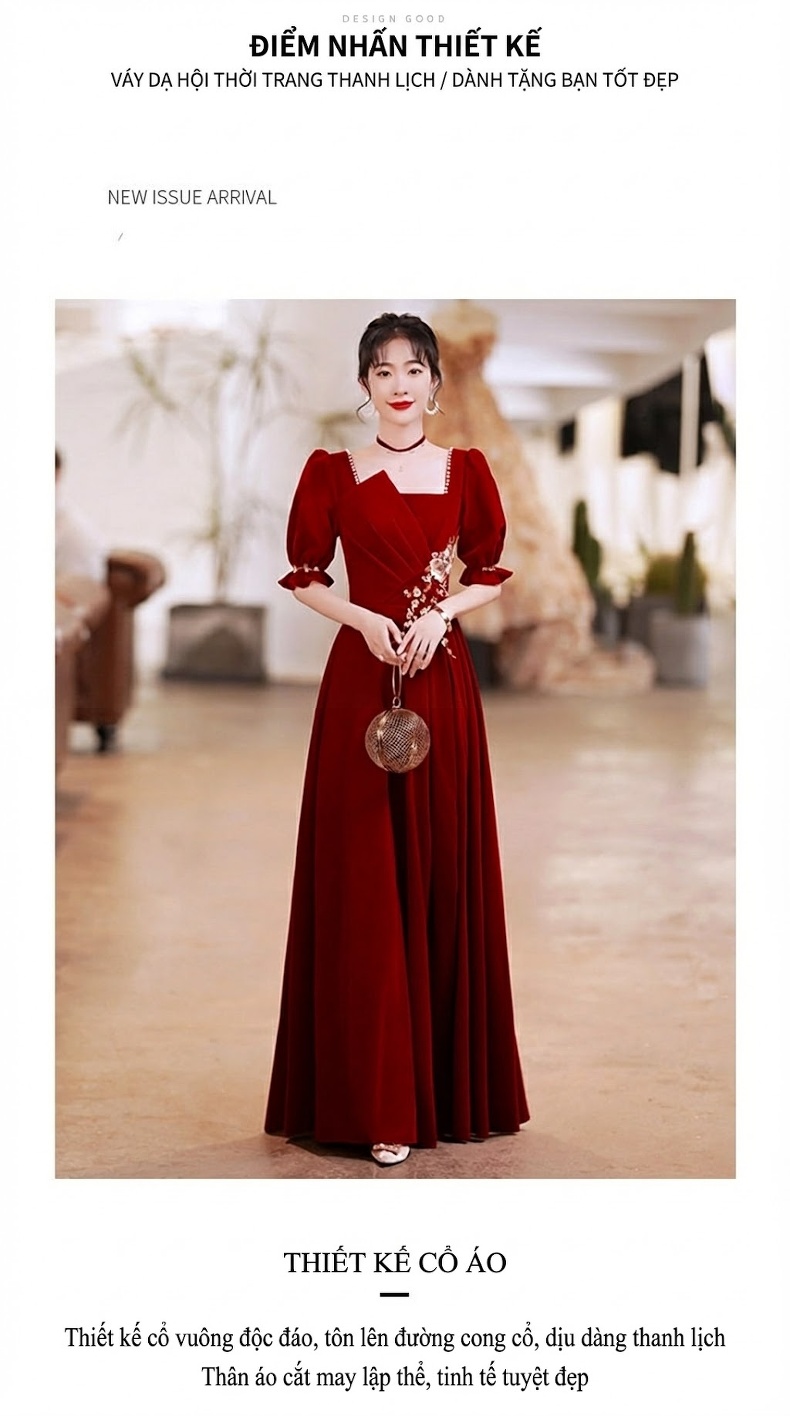Váy Dạ Hội Nữ Trung Niên Tay Lỡ Dáng Dài Màu Đỏ Rượu chi tiết 2