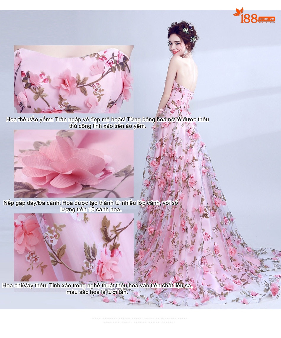 Váy Dạ Hội/Tiệc Cưới Màu Hồng Đính Hoa 3D Phong Cách Hàn Quốc chi tiết 7