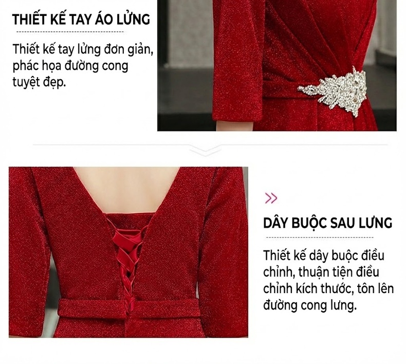 Váy Dài Dự Tiệc Nữ Tay Lỡ Cổ chữ V Chiết Eo Đính Đá Phong Cách Sang Trọng Màu Đỏ, Đen, Xanh Dương, Xám... chi tiết 3