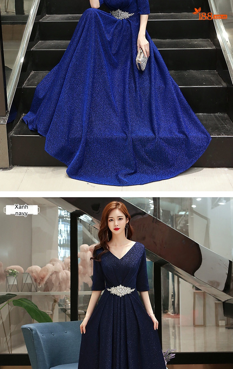 Váy Dài Dự Tiệc Nữ Tay Lỡ Cổ chữ V Chiết Eo Đính Đá Phong Cách Sang Trọng Màu Đỏ, Đen, Xanh Dương, Xám... chi tiết 10