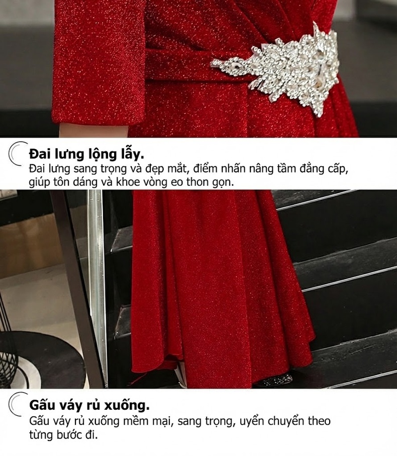 Váy Dài Dự Tiệc Nữ Tay Lỡ Cổ chữ V Chiết Eo Đính Đá Phong Cách Sang Trọng Màu Đỏ, Đen, Xanh Dương, Xám... chi tiết 16
