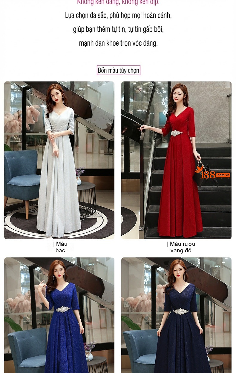 Váy Dài Dự Tiệc Nữ Tay Lỡ Cổ chữ V Chiết Eo Đính Đá Phong Cách Sang Trọng Màu Đỏ, Đen, Xanh Dương, Xám... chi tiết 1