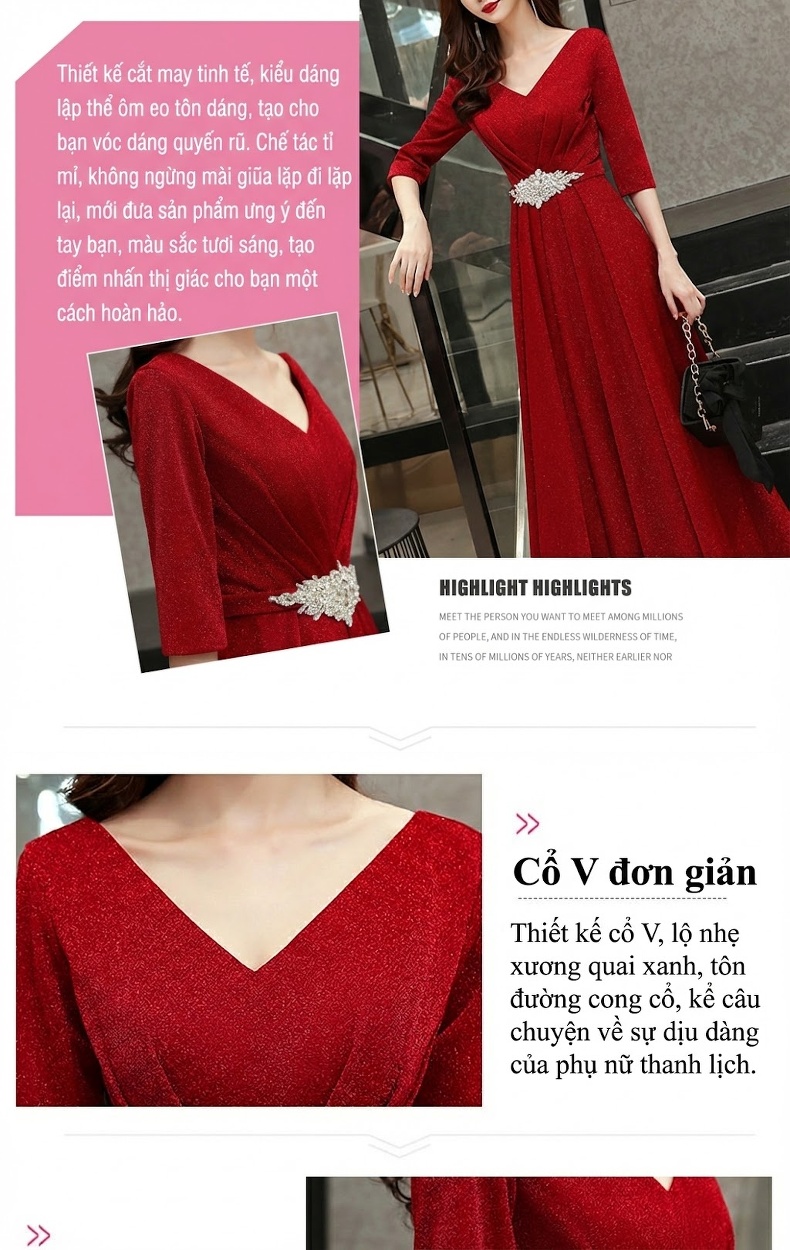 Váy Dài Dự Tiệc Nữ Tay Lỡ Cổ chữ V Chiết Eo Đính Đá Phong Cách Sang Trọng Màu Đỏ, Đen, Xanh Dương, Xám... chi tiết 2