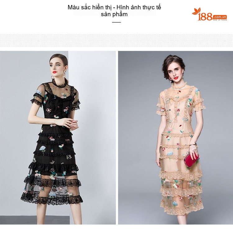 Váy Dài Lưới Voan Hoa Nhí Nữ Tính Dáng Dài Màu Be, Đen chi tiết 6