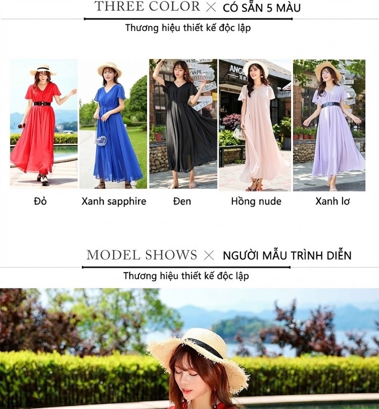 Váy Dài Nữ Che Bụng Tay Ngắn Chất Liệu Voan Màu Đỏ, Tím, Hồng, Xanh... chi tiết 7