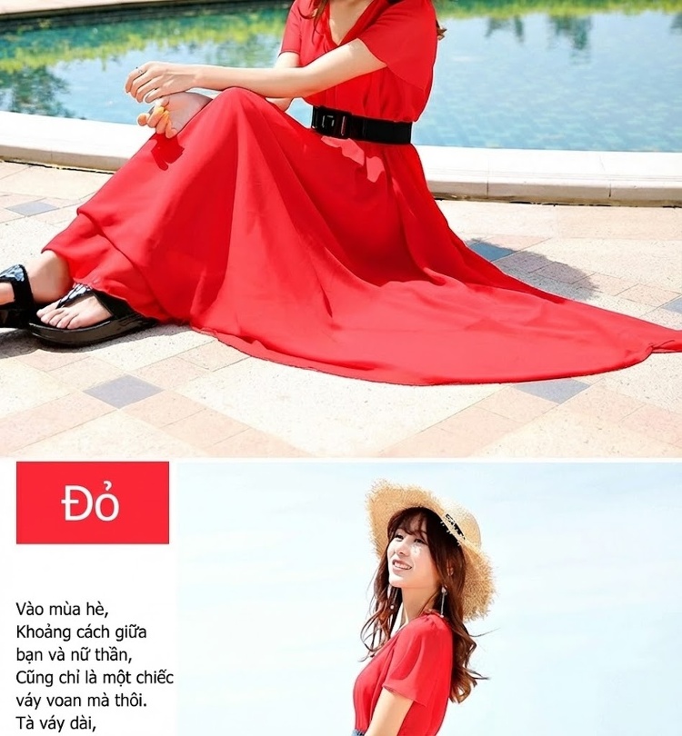 Váy Dài Nữ Che Bụng Tay Ngắn Chất Liệu Voan Màu Đỏ, Tím, Hồng, Xanh... chi tiết 8