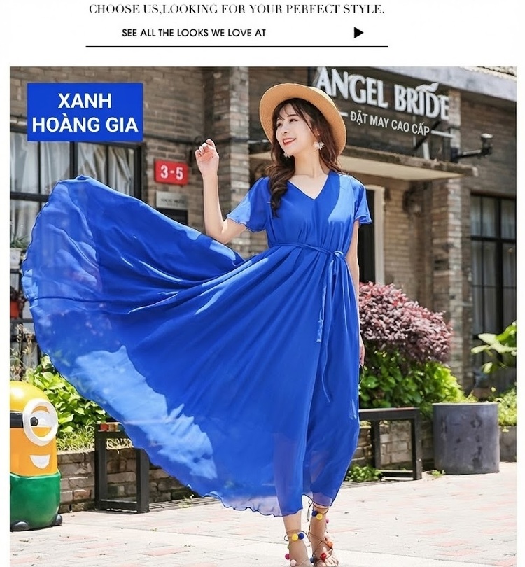 Váy Dài Nữ Che Bụng Tay Ngắn Chất Liệu Voan Màu Đỏ, Tím, Hồng, Xanh... chi tiết 14
