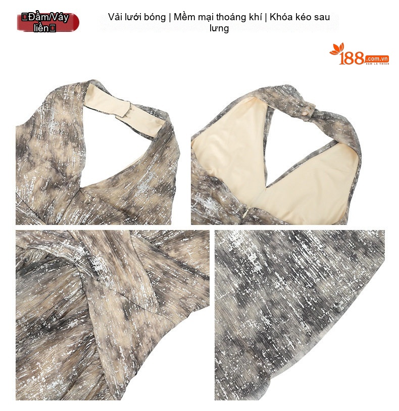 Váy Dài Nữ Cổ chữ V Sâu Hở Lưng Thiết Kế Pháp Thắt Eo Phong Cách Gợi Cảm Màu Xám Đen chi tiết 3