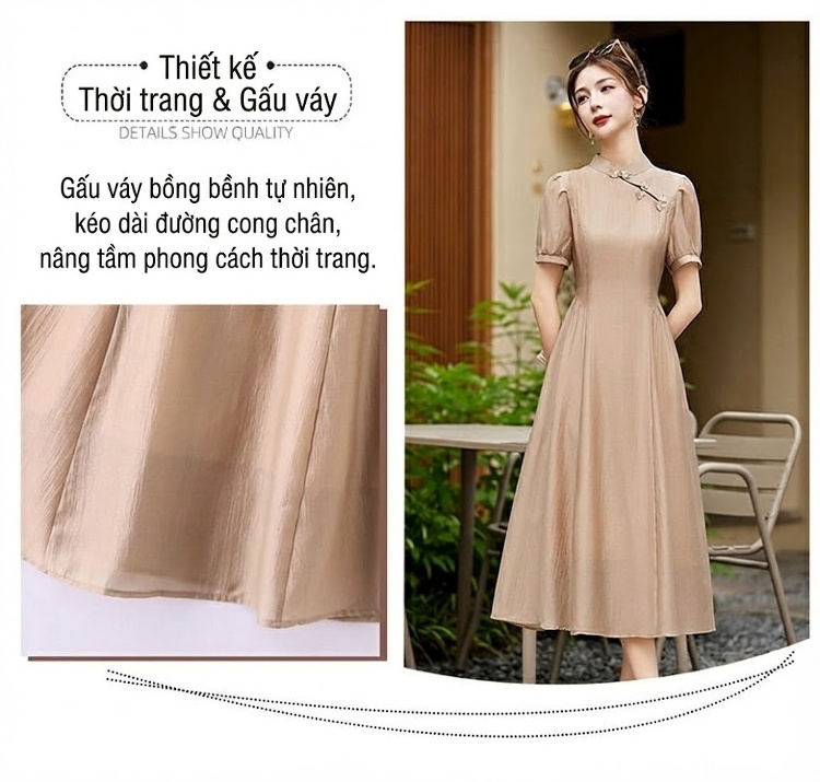 Váy Dài Nữ Cổ Tàu Tay Bồng Chiết Eo Chất Liệu Tơ Tằm Màu Nâu, Xám, Vàng, Tím chi tiết 8