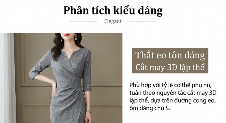 Váy Dài Nữ Cổ Tàu Tay Bồng Chiết Eo Chất Liệu Tơ Tằm Màu Nâu, Xám, Vàng, Tím chi tiết 9