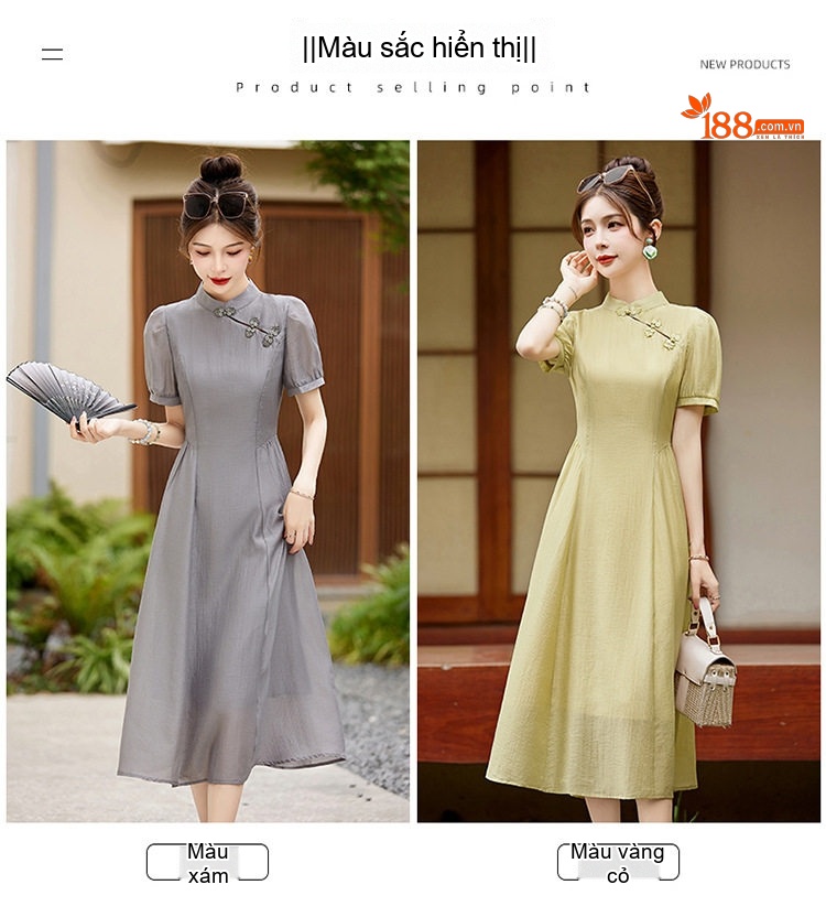 Váy Dài Nữ Cổ Tàu Tay Bồng Chiết Eo Chất Liệu Tơ Tằm Màu Nâu, Xám, Vàng, Tím chi tiết 12