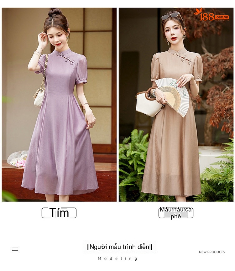 Váy Dài Nữ Cổ Tàu Tay Bồng Chiết Eo Chất Liệu Tơ Tằm Màu Nâu, Xám, Vàng, Tím chi tiết 13