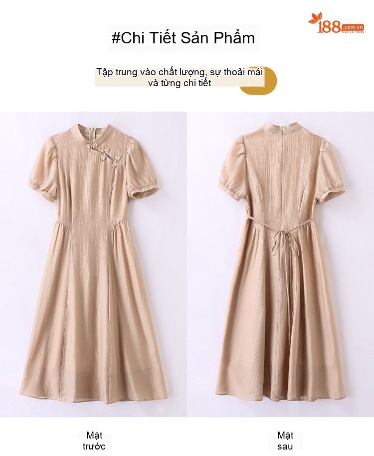 Váy Dài Nữ Cổ Tàu Tay Bồng Chiết Eo Chất Liệu Tơ Tằm Màu Nâu, Xám, Vàng, Tím chi tiết 34