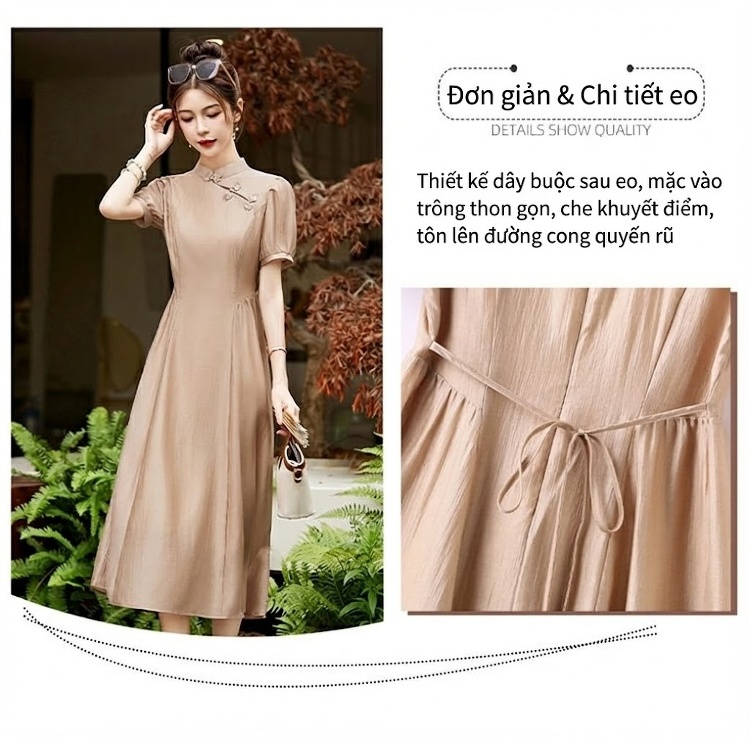 Váy Dài Nữ Cổ Tàu Tay Bồng Chiết Eo Chất Liệu Tơ Tằm Màu Nâu, Xám, Vàng, Tím chi tiết 7