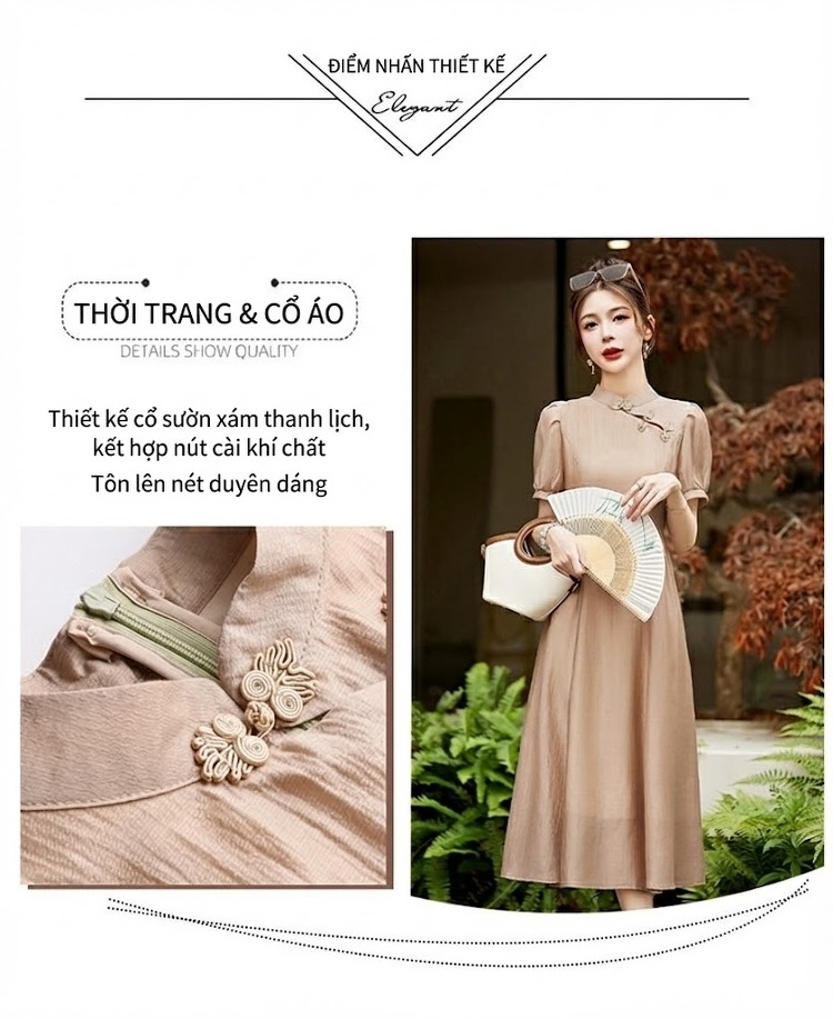 Váy Dài Nữ Cổ Tàu Tay Bồng Chiết Eo Chất Liệu Tơ Tằm Màu Nâu, Xám, Vàng, Tím chi tiết 6