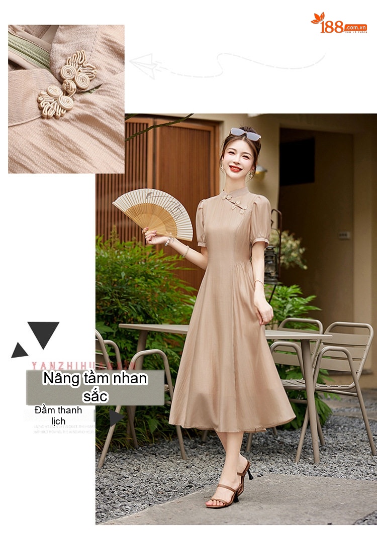 Váy Dài Nữ Cổ Tàu Tay Bồng Chiết Eo Chất Liệu Tơ Tằm Màu Nâu, Xám, Vàng, Tím chi tiết 2