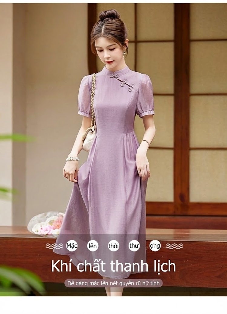 Váy Dài Nữ Cổ Tàu Tay Bồng Chiết Eo Chất Liệu Tơ Tằm Màu Nâu, Xám, Vàng, Tím chi tiết 3