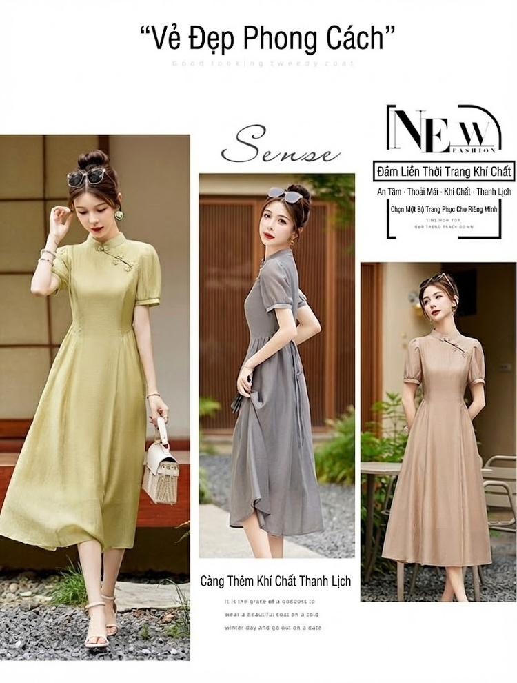 Váy Dài Nữ Cổ Tàu Tay Bồng Chiết Eo Chất Liệu Tơ Tằm Màu Nâu, Xám, Vàng, Tím chi tiết 4