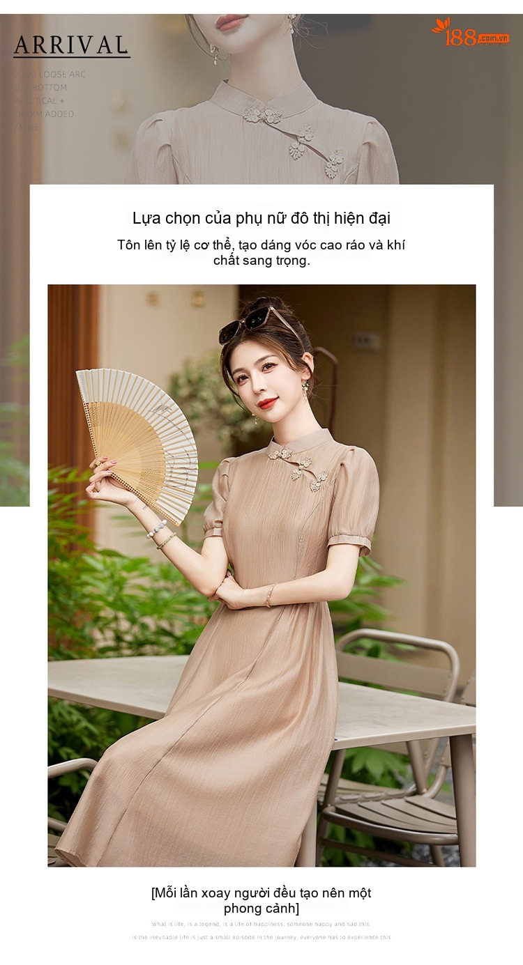 Váy Dài Nữ Cổ Tàu Tay Bồng Chiết Eo Chất Liệu Tơ Tằm Màu Nâu, Xám, Vàng, Tím chi tiết 5