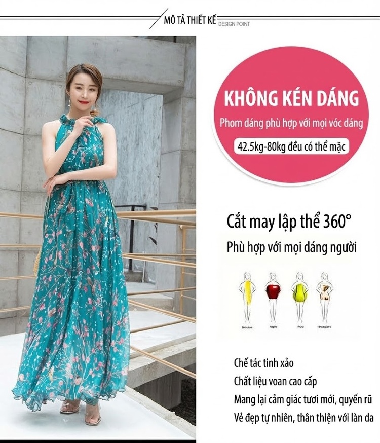 Váy Dài Nữ Dáng Xòe Cổ Yếm Họa Tiết Hoa Nhí Chất Liệu Voan Màu Xanh, Hồng chi tiết 2
