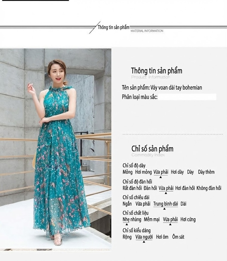 Váy Dài Nữ Dáng Xòe Cổ Yếm Họa Tiết Hoa Nhí Chất Liệu Voan Màu Xanh, Hồng chi tiết 3