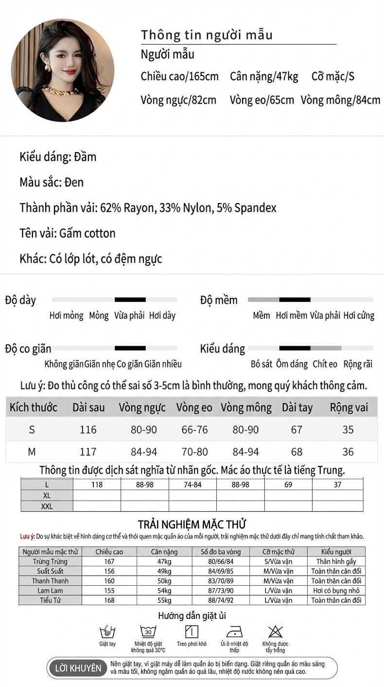 Váy Dài Nữ Đuôi Cá Phối Lưới Tay Lồng Đèn Cổ chữ V Màu Đen chi tiết 2