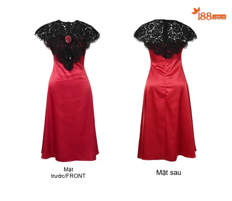 Váy Dài Nữ Lụa Satin Phối Ren Tay Bèo Thiết Kế Sang Trọng Màu Đỏ, Đen chi tiết 4