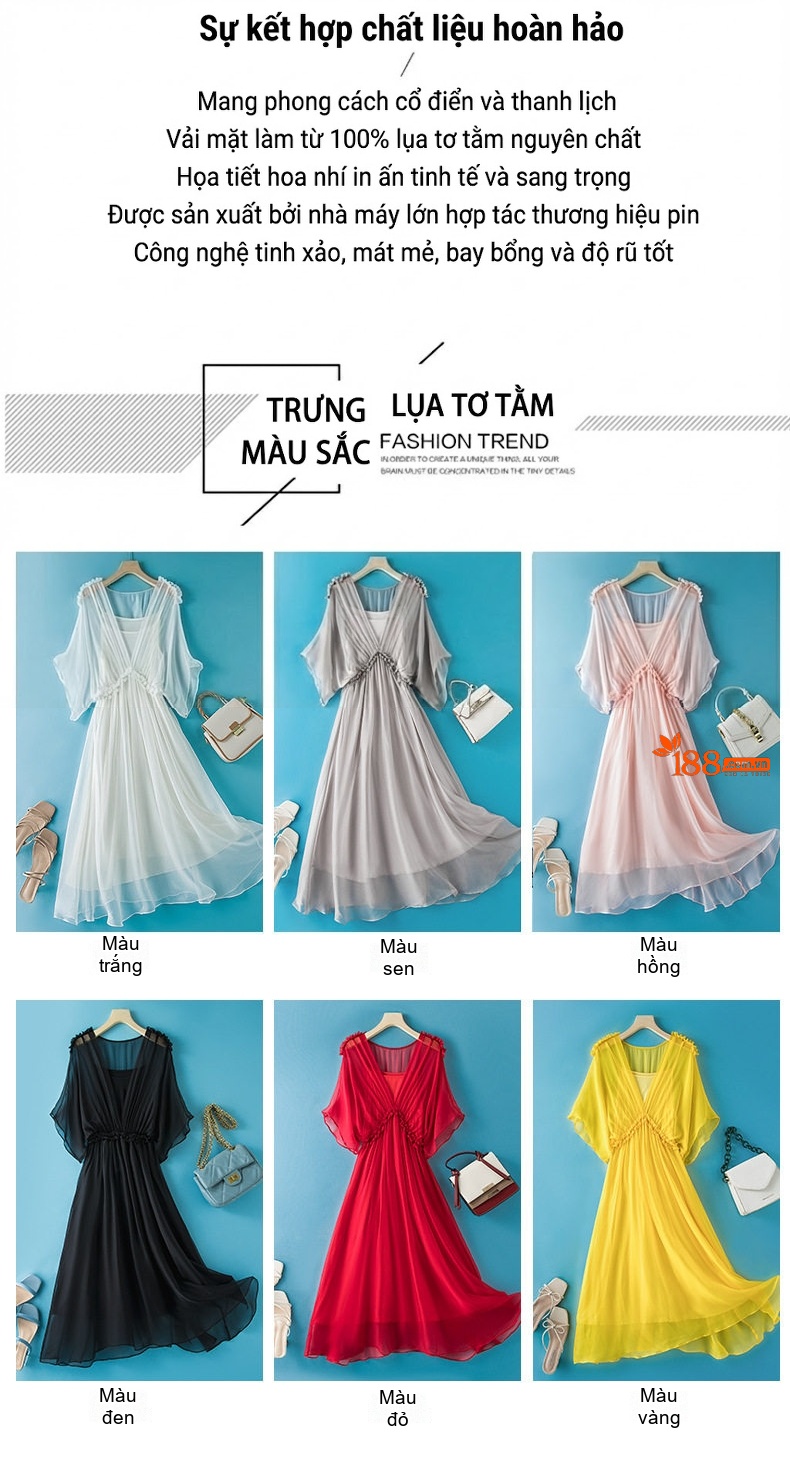 Váy Dài Nữ Lụa Tằm Cao Cấp Cổ chữ V Khoe Dáng Thon Gọn Phong Cách Đi Biển Màu Tím, Hồng, Vàng, Trắng... chi tiết 3