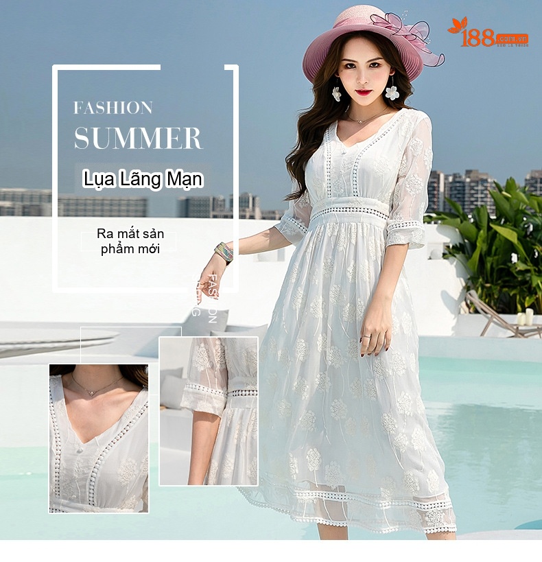 Váy Dài Nữ Lụa Tằm Tơ V Cổ Tay Ngắn Eo Thun Đi Biển Màu Trắng chi tiết 6