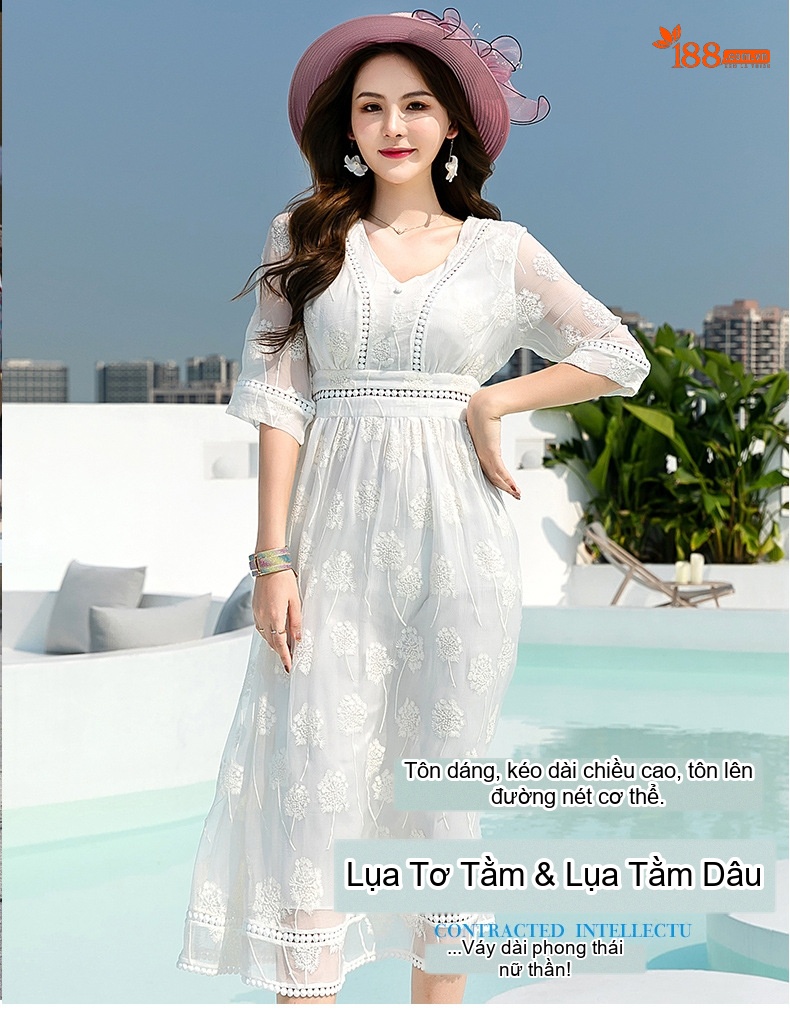 Váy Dài Nữ Lụa Tằm Tơ V Cổ Tay Ngắn Eo Thun Đi Biển Màu Trắng chi tiết 1