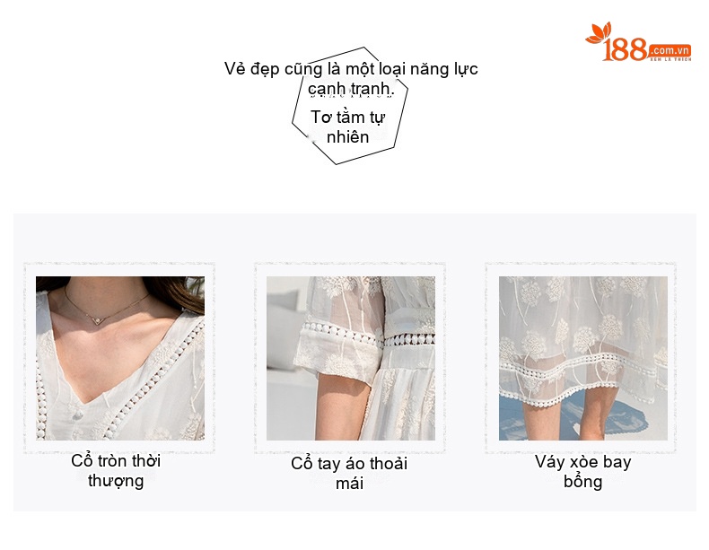 Váy Dài Nữ Lụa Tằm Tơ V Cổ Tay Ngắn Eo Thun Đi Biển Màu Trắng chi tiết 2