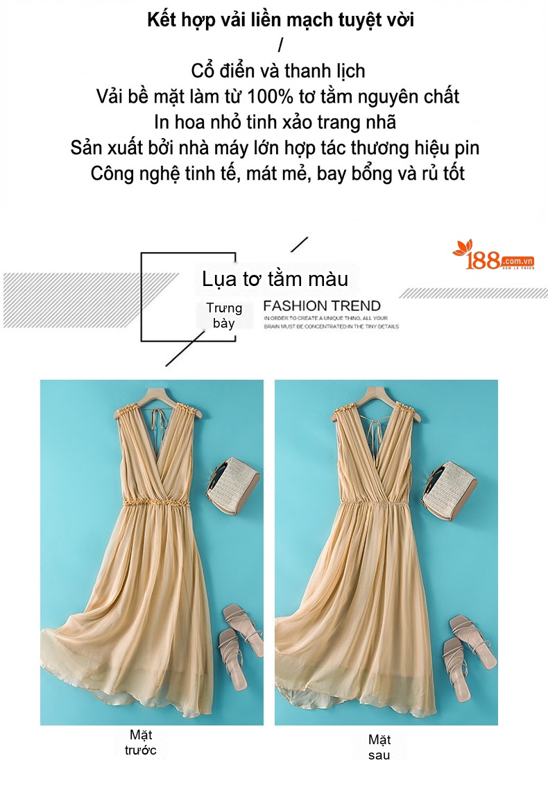 Váy Dài Nữ Lụa Tằm Váy Chữ A Cổ chữ V Phong Cách Đi Biển Màu Kem, Đen, Xám, Trắng... chi tiết 3