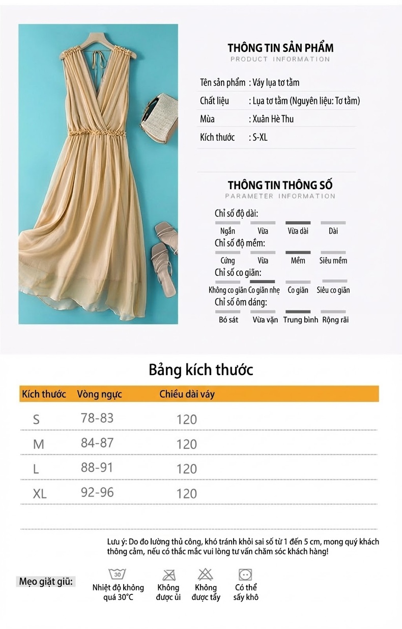 Váy Dài Nữ Lụa Tằm Váy Chữ A Cổ chữ V Phong Cách Đi Biển Màu Kem, Đen, Xám, Trắng... chi tiết 5