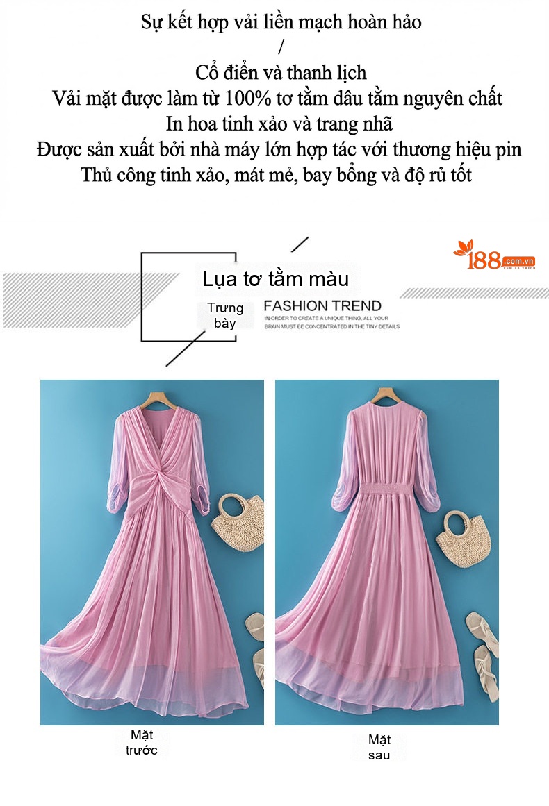 Váy Dài Nữ Lụa Tơ Tằm Bohemian Đi Biển Màu Hồng Nhạt Thiết Kế Thanh Lịch chi tiết 3