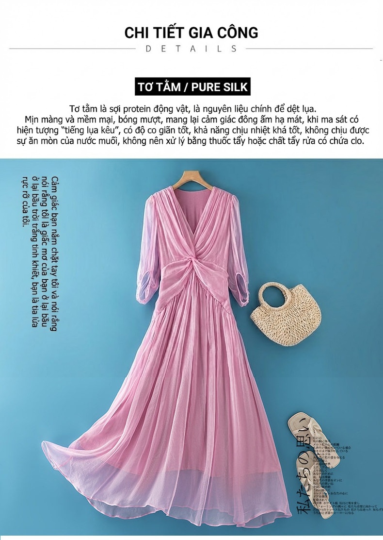 Váy Dài Nữ Lụa Tơ Tằm Bohemian Đi Biển Màu Hồng Nhạt Thiết Kế Thanh Lịch chi tiết 6