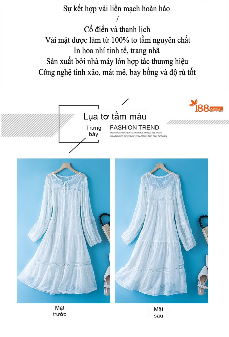 Váy Dài Nữ Lụa Tơ Tằm Thêu Hoa Đính Kim Sa Màu Trắng chi tiết 3
