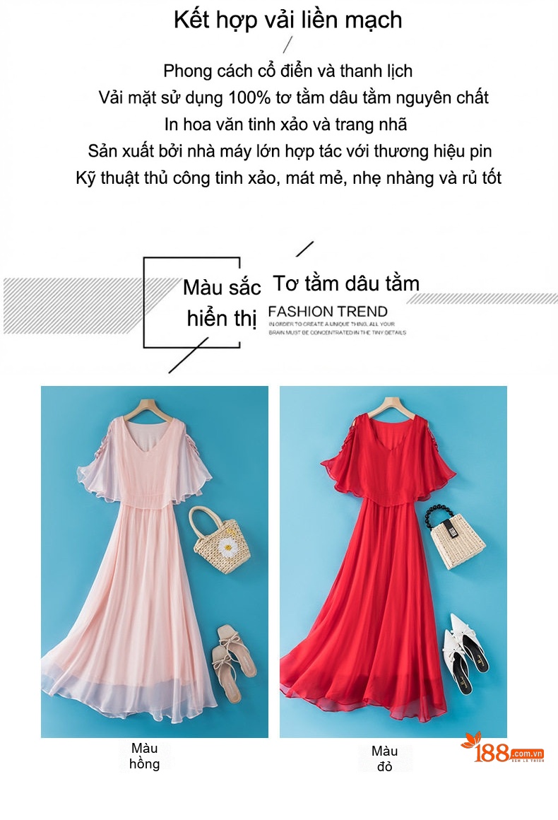Váy Dài Nữ Lụa Tơ Tằm Voan Hở Lưng Cổ chữ V Phong Cách Bohemian Đi Biển Mùa Hè Màu Hồng, Đỏ chi tiết 3