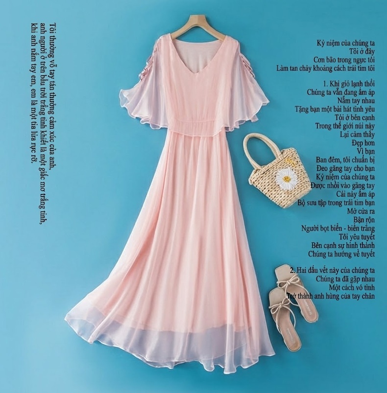 Váy Dài Nữ Lụa Tơ Tằm Voan Hở Lưng Cổ chữ V Phong Cách Bohemian Đi Biển Mùa Hè Màu Hồng, Đỏ chi tiết 1