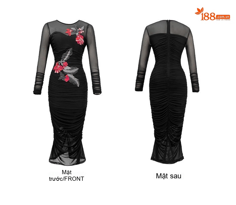 Váy Dài Nữ Lưới Thêu Hoa Pháp Ôm Dáng Màu Đen chi tiết 4