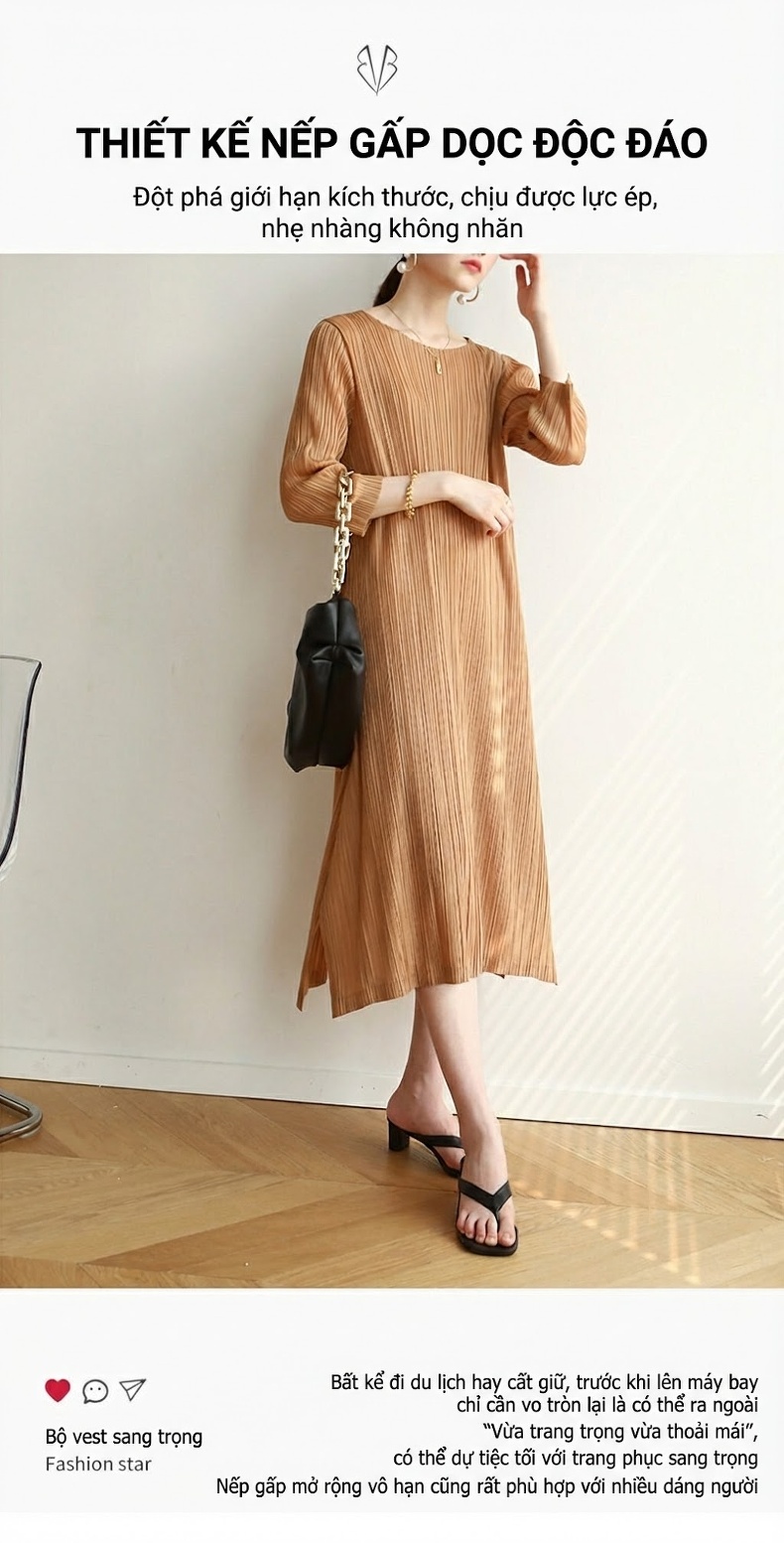 Váy Dài Nữ Miyake Ly Nhún Kiểu Dáng Công Sở Thanh Lịch Màu Xanh, Nâu, Hồng... chi tiết 1