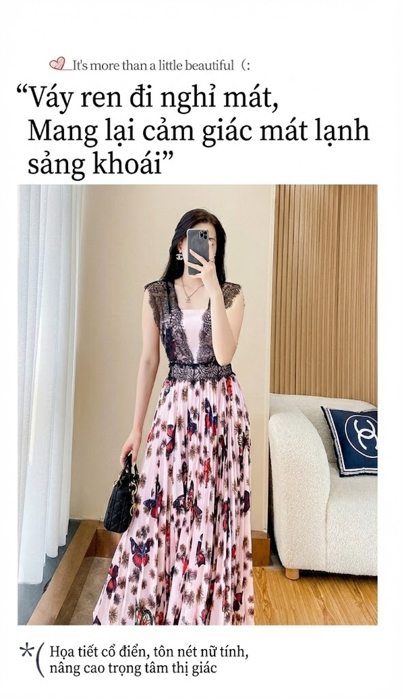 Váy Dài Nữ Mùa Hè In Hoa Nhí Pháp Phối Ren dáng chữ A Xếp Ly chi tiết 2
