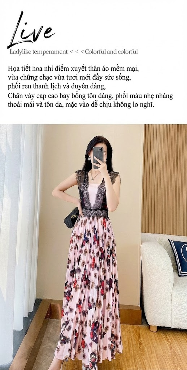 Váy Dài Nữ Mùa Hè In Hoa Nhí Pháp Phối Ren dáng chữ A Xếp Ly chi tiết 4